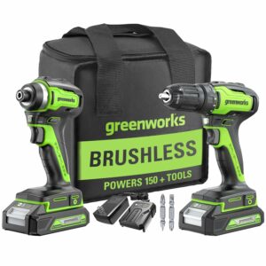 Greenworks 24V Brushless Cordless Drill and Impact Driver,Power Tool Combo Kit Included 1/2”Drill & 1/4”Hex Impact Driver and (2) Batteries