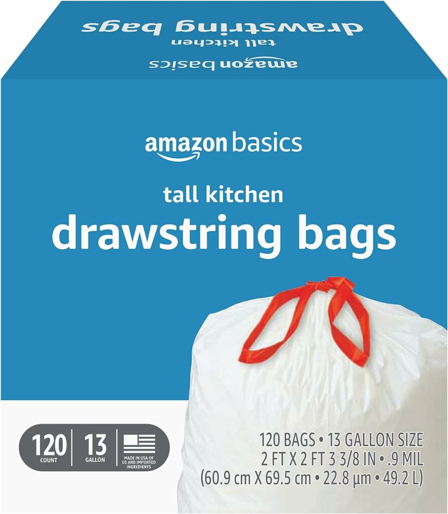 Amazon Basics Tall Kitchen Drawstring Trash Bags, 13 Gallon, 120 Count